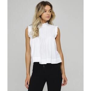 Ganni White Pintucked Ruffle Mock Neck Back Button Up Babydoll Blouse Top Size 8